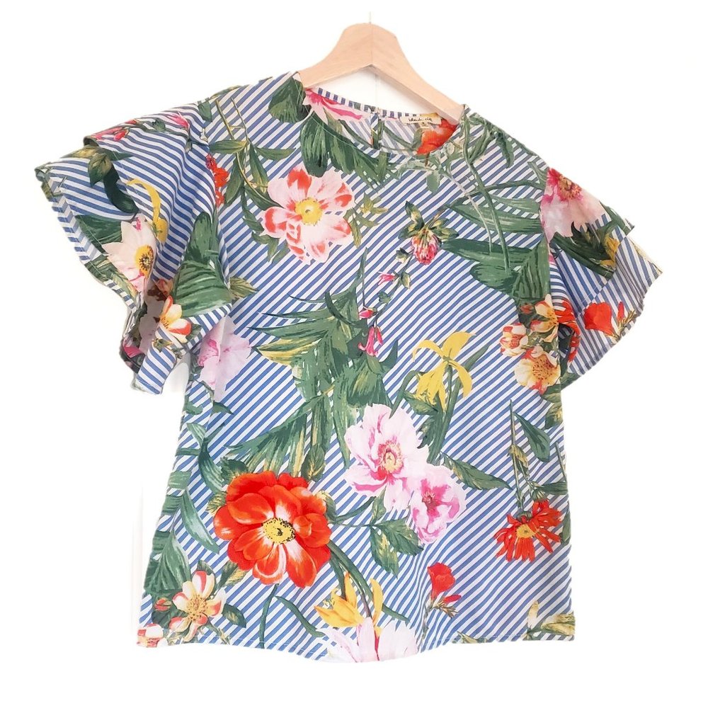 Tropical Print Striped Ruffle Sleeve Shirt - Size S - Breezy Cotton Blend